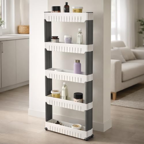 FLIPZON Slim Rolling Storage Rack – 5-Tiered Shelf Plastic Slide-...