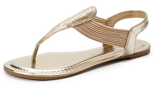 SANDALUP Women's Elastic Strappy Flat Sandals w Sparkling Thong Sandals for Women Light Gold 08