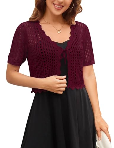 Wine Crochet Shrug Summer Sweater Short Sleeve Cropped Cardigan Lightweight