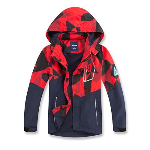 BuyiRen Boys Windbreakers Jacket Rain Jackets Hooded Raincoat Fleece Lined Rain Coats for Kids Red Geo Block 12-13 Years