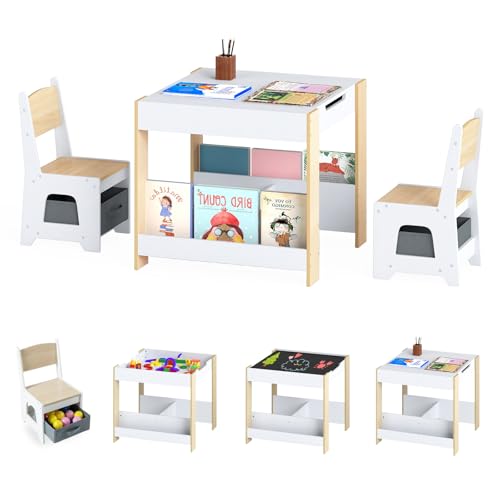 RELAX4LIFE 4 en 1 Mesa Infantil con 2 Sillas, Encimera Convertible para Escribir, Dibujar y Jugar, 2 Estanterías Laterales y Cajones, Juego de Mesa y Sillas de 3 Piezas para Niños de 3+ Años (Natural)