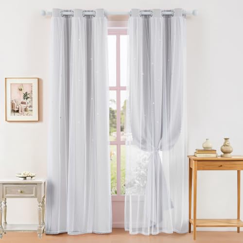 Image of indistar Star Cutout Kids Window Blackout Curtains for Girl Bedroom Window Room Darkening Curtains & Drapes Baby Nursery Curtains (2 Panel,35Wx72L inch,Greyish White)