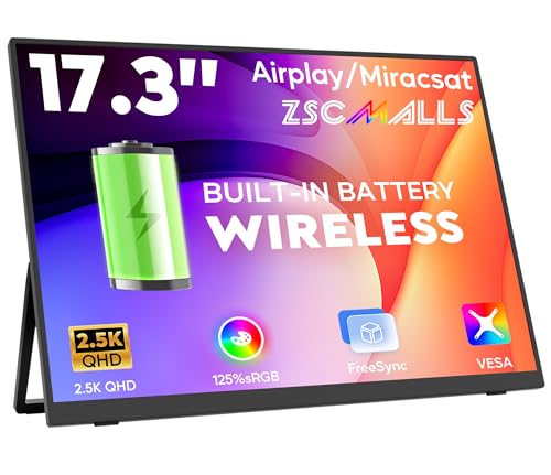 Image of 17.3 inch Wireless Portable Monitor with Built‑in 8000mAh Battery 4H, AirPlay & Miracast, 2.5K QHD 2560x1400 IPS Matte HDR, 125% sRGB, 500 Nits, VESA, Auto Rotation for Phone /Tablet, USB‑C & Mini HDMI
