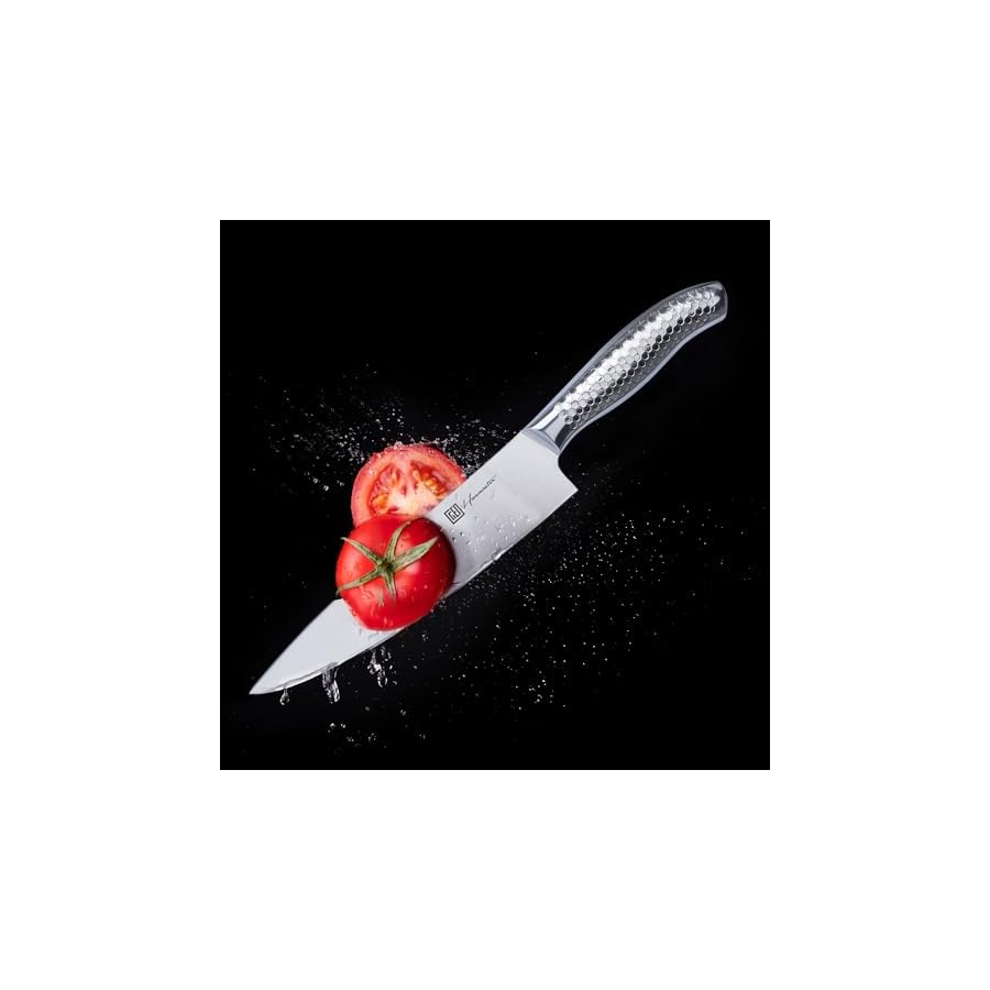 Hanmaster Kitchen Knife Set, One-piece Stainless Steel Knife Sets for Kitchen with Block, 6 Pieces Solid Natural Wood Knife Block Set, Box Packed, Silver.