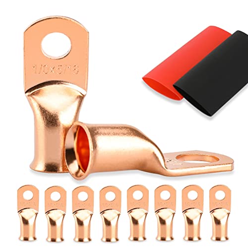 8PCS Battery Cable Ends, 1/0 Gauge Wire Connectors 5/16 Copper Wire Lugs, Bare Copper Eyelets with Heat Shrink Tubing by HOUSUN