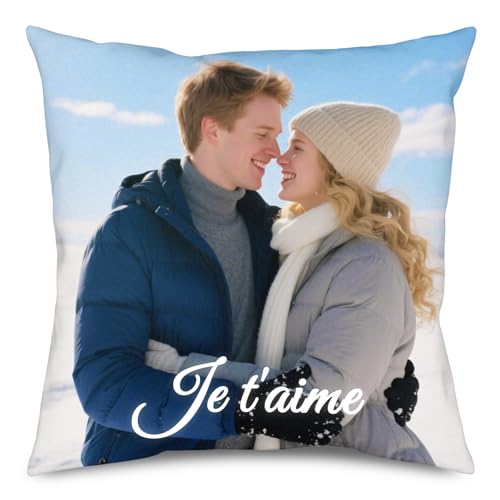 JONZIN Coussin Photo Personnalisé Double Face, Taie d'oreiller Personnalisable avec Texte Photo, Insert en Option, Cadeaux personnalisés pour Femme, Homme,...