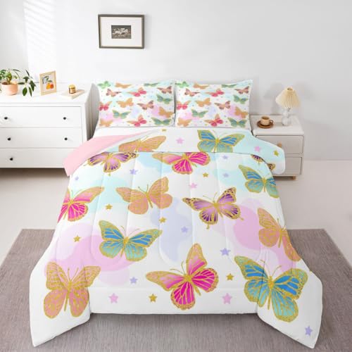 Image of Erosebridal Flying Butterflies Full Size Comforter Sets for Kids Boys Girls,Colorful Garden Wildlife Bedding Set,Cartoon Stars Duvet Insert,Vintage Romantic Style Quilt Bedroom Decor
