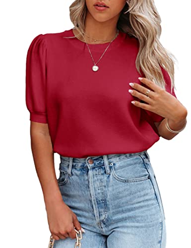 Image of Womens Puff Short Sleeve Sweater Tops Crewneck Basic Knit Pullover Lightweight Casual Sweaters