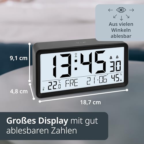 ADE Digitaler Funkwecker mit XXL-Ziffern | Tischuhr und Funkwecker mit Kalenderfunktion | mit Temperaturanzeige und Luftfeuchtigkeit | 2 Weckzeiten und Schlummerfunktion | schwarz
