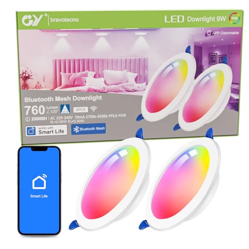 GY Downlight LED Techo Empotrable Inteligente Bluetooth Mesh, 9W 760LM RGB y 2700K-6500K Regulable, Focos Led Interior Techo IP44, Corte 120-130mm, Compatible con Smart Life, TUYA(2 Unidad)