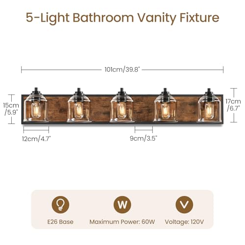 Image of 5-Light Bathroom Fixture, 39.8 inch Large Farmhouse Vanity Light, E26 Base (Bulbs Not Included), Thickened Glass Shade, for Bathroom, Bedroom, Vanity, Hallway, Rustic Brown and Black F21BD05