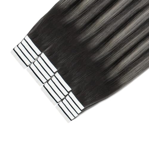 Image of Sixstarhair Ombre Tape in Hair Extensions Natural Black to Silver White with Black highlighted Tape in Hair Extensions Real Human Hair Silky Straight Soft Hair 20pcs 50g [Color 1BT1B-silver# 16inch]