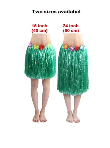 Matissa Women's Hula Skirts Hawaiian Grass Skirt and Flower Leis Headband, Necklace and Wristband for Laua or Beach Party (Green, Short (16