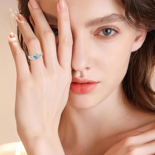 Natural Moss Agate Ring Set 925 Sterling Silver Kite Cut Green Pear Moss Agate Engagement Ring Wedding Promise Ring Jewelry Gift for Women,Ring Size 73