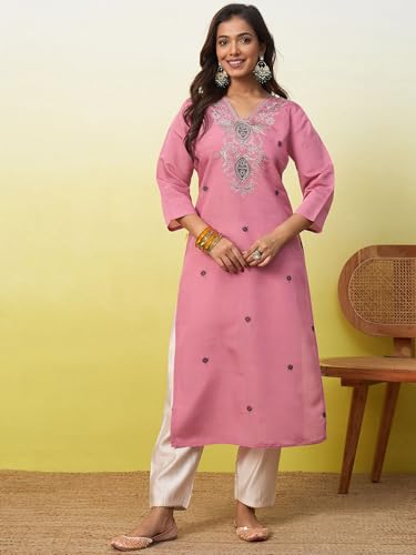 Image of Women's Embroidered Silk Straight Kurta Kurti | Below Knee Kurtas for Women Traditional Indian Wear Outfit Suitable Casual Festive Office Styling
