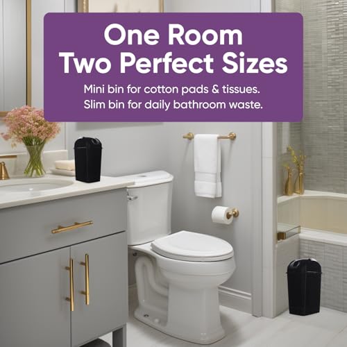 Image of Superio Mini 1.25 Gallon and Small 2.5 Gallon Plastic Trash Cans with Swing Top Lid, Grey Waste Bin for Countertop, Desk, Vanity, Bathroom, 2 Pack (Black)