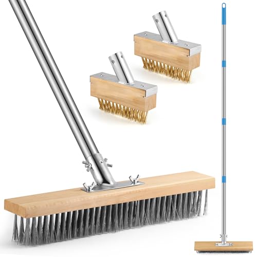 COZCLAM Drahtbesen-Set für den Außenbereich mit 155 cm Edelstahlgriff – Extra große 35 cm Bodenbürste & 2 Fugenbürsten für Terrasse, Einfahrt, Garten – Entfernt Moos, Algen, Schmutz
