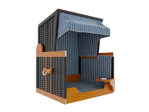 Outgarden Hundestrandkorb Kieferholz | Hundehütte inkl. Schützhülle | Schwenkbarer Wasser-/Futternapf | Sonnenschutz für Hunde & Katzen | Schwarz mit blau weißen| Perfekt für kleine Hunde