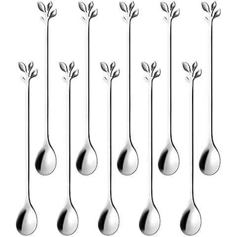 AnSaw 10-Piece 7.4" Long Handle Teaspoons - Silver Leaf Design for Coffee & Tea Stirring Spoons, Elegant Stainless Steel Stir Spoons Cover