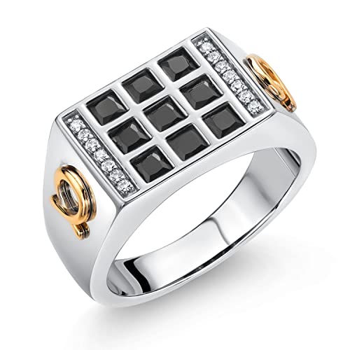 Gem Stone King Men's 925 Sterling Silver and 10K Yellow Gold Black Onyx and White Lab Grown Diamond Ring with Alpha Symbol (1.27 Cttw, Available In Sizes 7 to 13)2
