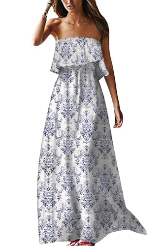 Image of ZMPSIISA Women's Summer Off The Shoulder Maxi Dress Ruffle Strapless Blue White Porcelain Boho Casual Loose Long Dresses