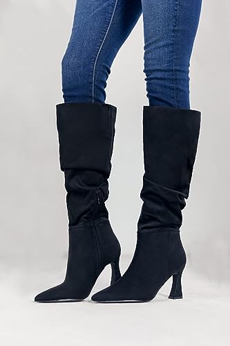 Image of Coutgo Women's Slouchy Knee High Boots Wide Calf Pointed Toe Side Zipper Chunky Heel Long Boots Winter Shoes