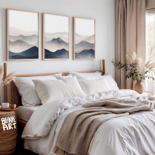 Image of BLINKART Set of 3 MISTY MOUNTAIN LAYERS Natural Brown Frame Painting for Wall Decoration - Modern Art Wall Decor Framed Painting for Living Room Bedroom - Framed Wall Posters /Paintings (8X12 inch)