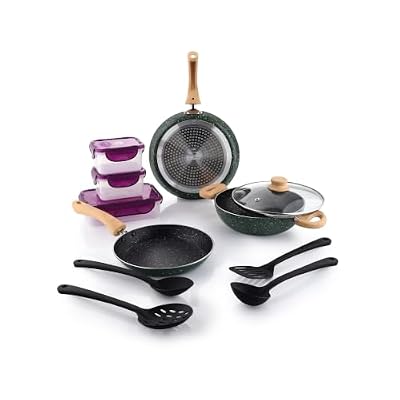 Crystal Aluminum 11 Pcs Non Stick Cookware Set with Induction Bottom | Tawa, Fry Pan, Kadhai with Lid, 4 Serving Spoons, 3 Containers | 4 Layer Non Stick Coating | PFOA Free | Green