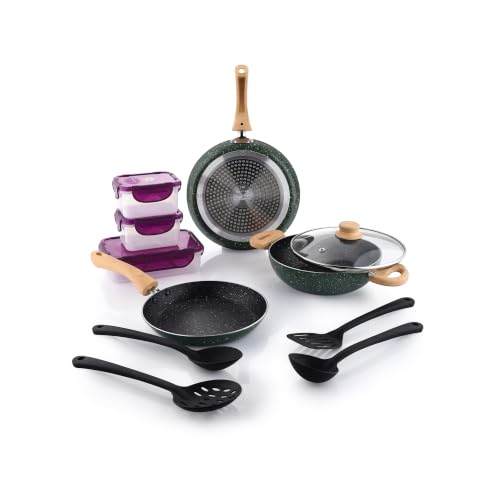 Image of Crystal Aluminum 11 Pcs Non Stick Cookware Set with Induction Bottom | Tawa, Fry Pan, Kadhai with Lid, 4 Serving Spoons, 3 Containers | 4 Layer Non Stick Coating | PFOA Free | Green