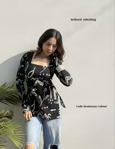 Image of FELISIA Women's Full Sleeves Rayon Printed Square Neck Short Kurti, Bell Sleeves, Short Kurti for Women, Stylish Ethnic Top, Daily Casual Western & Office wear