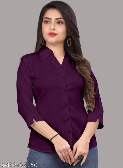 Image of Women's Cotton Blend Solid Shirt - Stylish Collar Neck-Purple-G1 P7