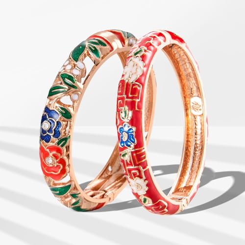 Image of wynameleri Vintage Cloisonne Jewelry Gorgeous Rhinestone Handcrafted Bracelets Enamel Flower Bird Gold Hinged Cuff Bangles Gifts 88C07-55A120 orange, Diameter: 2.4''