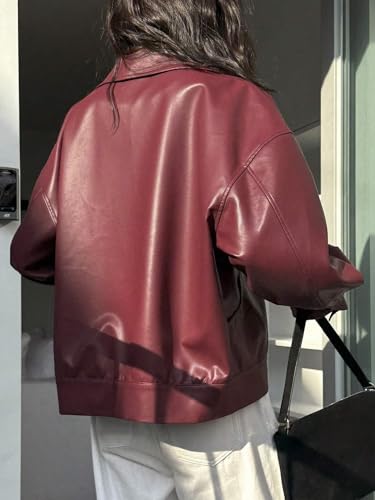 Chic and Cozy: Burgundy Women's Loose Fit Stand Collar Zip-Up Jacket for Fall and Winter - Image 2