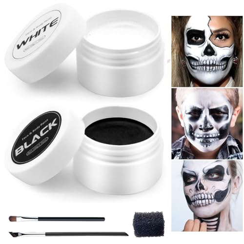 Juego de maquillaje de Halloween, maquillaje teatral, incluye color negro (50 g) y blanco (50 g) con 1 esponja y 2 pinceles, maquillaje de Halloween, colores de pintura corporal, maquillaje facial
