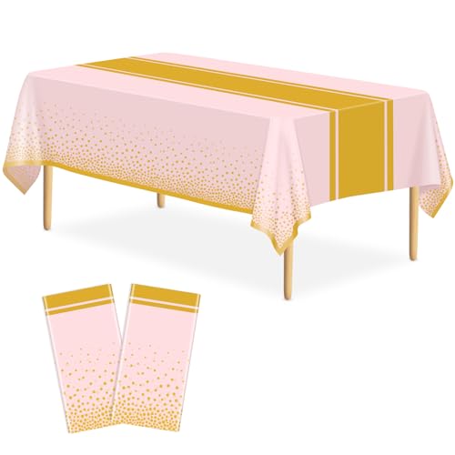 Image of 2 Pack Pink and Gold Tablecloth Party Decorations Plastic Pink Tablecloth Printed Gold Table Runner 54 x108 Inch Disposable Rectangle Table Cover for Birthday Wedding Graduation Anniversary