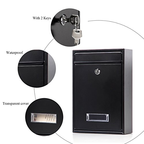 Image of Locking Mailboxes Wall Mounted Vertical - Jssmst Key Lock Drop Mail Box Medium Capacity Galvanized Steel Cover Rust-Proof Metal Post Box, 12.6 x 8.5 x 3.4 Inch, Black, SM-0601L
