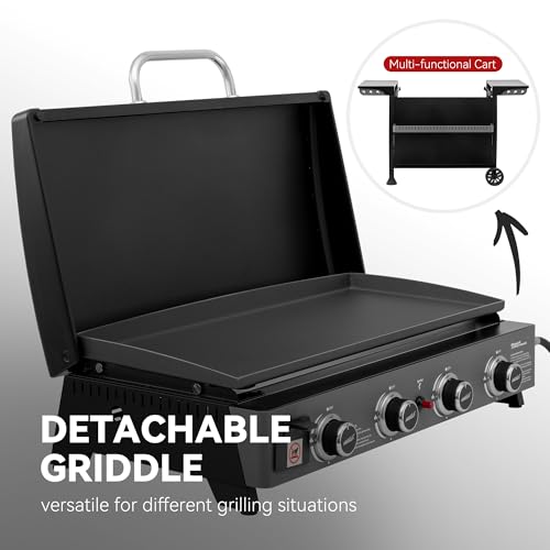 Image of Royal Gourmet PD4001 4 Burner Propane Gas Griddle with Removable Standing Cart, Convertible to Tabletop Design, Flat Top Grill with Hood for Camping, Tailgating, Backyard, Black