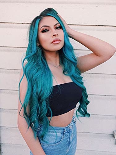 Fave Ombre Bluish Green Wig Long Wavy Side Part Wig Heat Resistant Synthetic Hair Teal Blue Wig Mermaid Wigs For Women (Ombre Bluish Green) #TOP7