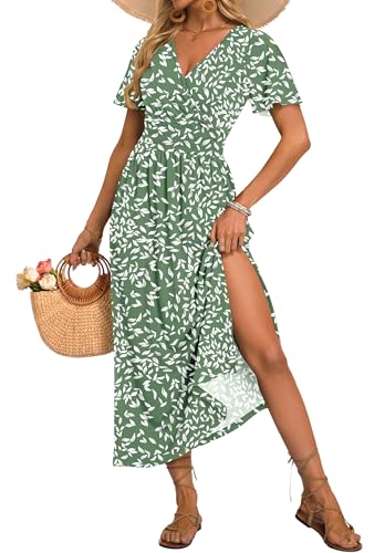 AUSELILY Women's Floral Maxi Dress V Neck Short Flutter Sleeve