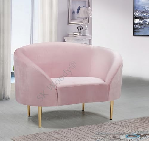 Image of Rosewood Luxury Curved Sofa in Premium Velvet-Fabric | Solid Wood Structure | High Density Foam | Sturdy Golden Legs | Comfortable & Stylish Couch for Modern Living Room (Pink, 1 Seater)
