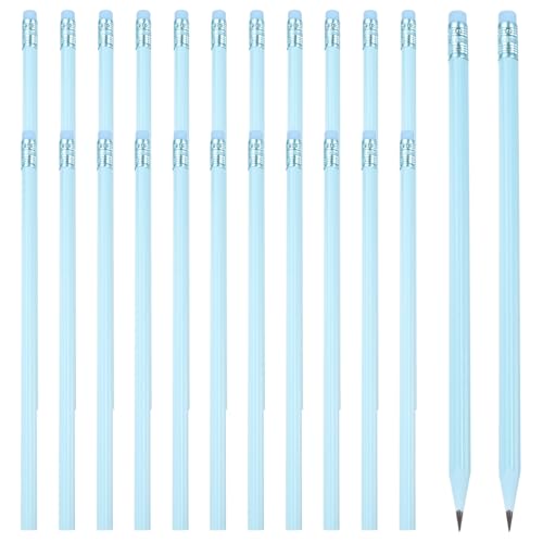 PATIKIL ラウンド鉛筆 24本三角HBグラファイト鉛筆 木製鉛筆 消しゴム付き 教室 オフィス 作文 お絵かき用品 青