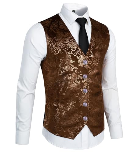 Mens Classic 2pc Bag Hip Metal Paisley Printed Single breasted Tank Top Tie Pocket Suit or Tailcoat Vest