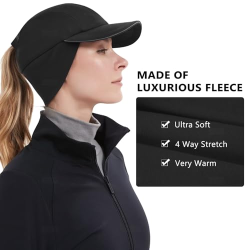 GADIEMKENSD Winter Fleece Hats Reflective Ponytail Hat for Women Baseball Caps with Earflap Drop Down Ear Warmer Mens Skull Cap Beanie with Visor Cold Hat for Outdoor Snow Ski Hiking Running Black