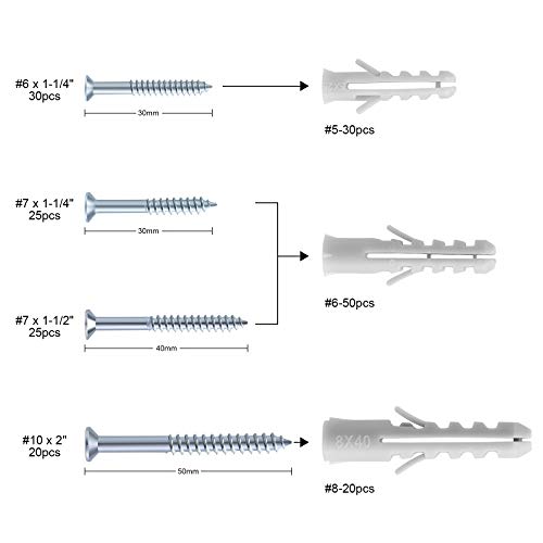 Farray Drywall Anchors And Screws Assortment Kit, Plastic Wall Anchors With Galvanized Phillips Flat Head Self Tapping Wood Screws, 200Pcs #TOP1
