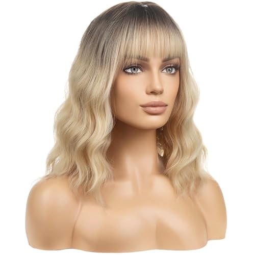 Image of BERON Blonde Ombre Short Wigs Curly Shoulder Length Wig with Bangs Ombre Color Wavy Hair Wigs 35 cm /14 Inch Women's Synthetic Wigs Daily Party Use