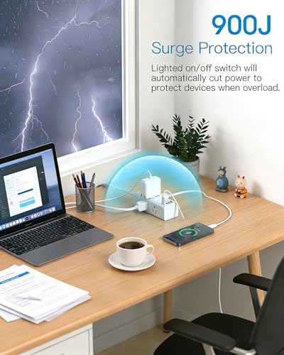 Image of Flat Plug Extension Cord 20Ft, One Beat 900J Surge Protector Power Strip 20 Ft Cord with 6 Widely Outlets 4 USB Ports (2 USB C), Wall Outlet Extender Extension Cord for College Dorm Room Home Office
