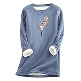 PTLLEND Winter Thermo Nachtwäsche Damen Dickes Fleece Sweatshirt Outdoor Warmer Pullover Plus Samt Basic Shirt Blumendruck Loungewear Rundhals Langarm Pulli Plüsch Pyjama Kaschmir Schlafan