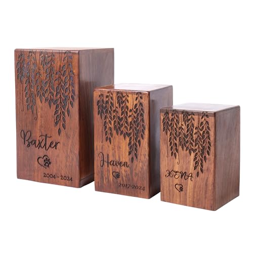 Urne funéraire personnalisée en palissandre – Motif feuilles noires – Urne en bois fabriquée à la main pour cendres de chien et de chat