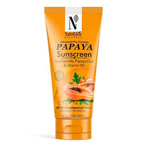 Image of NutriGlow Naturals Papaya Sunscreen SPF 50 PA+++ | No White Cast, Non-Greasy | Broad Spectrum UVA /UVB & Blue Light Protection | With Niacinamide & Vitamin B5 | For Men & Women | All Skin Types | 100g