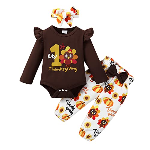 Image of Mikrdoo Newborn Baby Girl Thanksgiving Clothes - Turkey Bodysuit with Long Pants and Headband - Girl's Thanksgiving Outfit, 0-3 Months